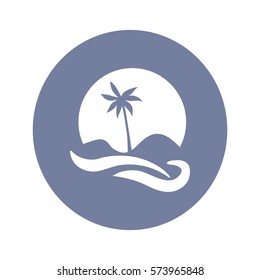 Flat icon. Palm tree on background of a large sun. Holiday, vacation on the beach. Wave and palm.