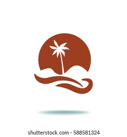 Flat icon. Palm tree on background of a large sun. Holiday, vacation on the beach. Wave and palm.