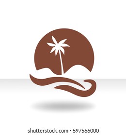 Flat icon. Palm tree on background of a large sun. Holiday, vacation on the beach. Wave and palm.