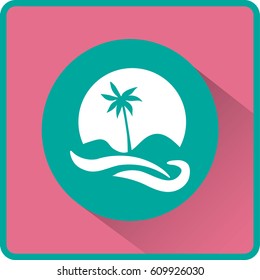 Flat icon. Palm tree on background of a large sun. Holiday, vacation on the beach. Wave and palm.