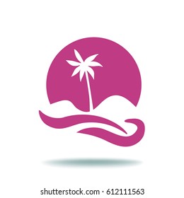 Flat icon. Palm tree on background of a large sun. Holiday, vacation on the beach. Wave and palm.