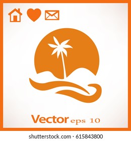 Flat icon. Palm tree on background of a large sun. Holiday, vacation on the beach. Wave and palm.