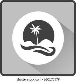 Flat icon. Palm tree on background of a large sun. Holiday, vacation on the beach. Wave and palm.