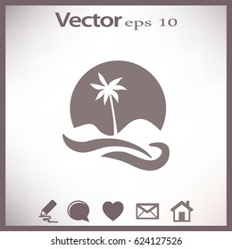Flat icon. Palm tree on background of a large sun. Holiday, vacation on the beach. Wave and palm.