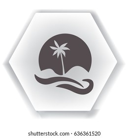 Flat icon. Palm tree on background of a large sun. Holiday, vacation on the beach. Wave and palm.