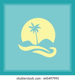 Flat icon. Palm tree on background of a large sun. Holiday, vacation on the beach. Wave and palm.