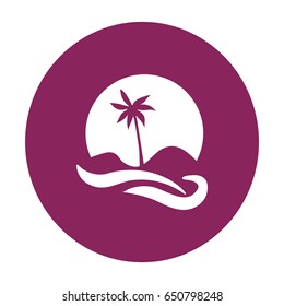 Flat icon. Palm tree on background of a large sun. Holiday, vacation on the beach. Wave and palm.