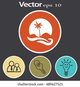 Flat icon. Palm tree on background of a large sun. Holiday, vacation on the beach. Wave and palm.