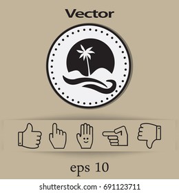Flat icon. Palm tree on background of a large sun. Holiday, vacation on the beach. Wave and palm.