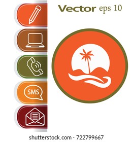 Flat icon. Palm tree on background of a large sun. Holiday, vacation on the beach. Wave and palm.