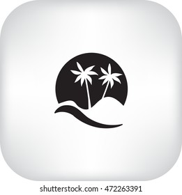 Flat icon. Palm trees in the background of a large sun. Holiday, vacation on the beach. Wave and palm.