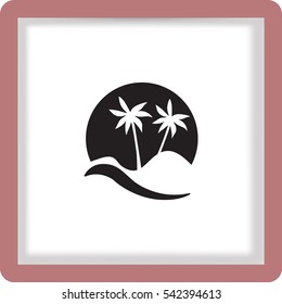 Flat icon. Palm trees in the background of a large sun. Holiday, vacation on the beach. Wave and palm.