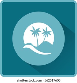 Icono plano. Palmeras al fondo de un gran sol. Vacaciones, vacaciones en la playa. Ola y palmera.