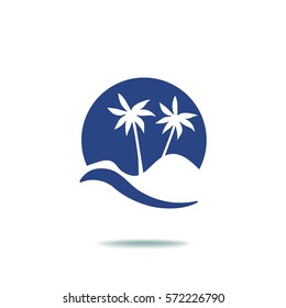 Flat icon. Palm trees in the background of a large sun. Holiday, vacation on the beach. Wave and palm.