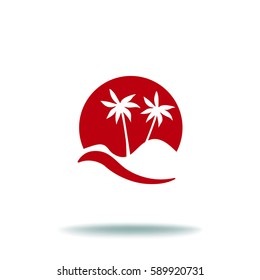 Flat icon. Palm trees in the background of a large sun. Holiday, vacation on the beach. Wave and palm.