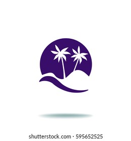 Flat icon. Palm trees in the background of a large sun. Holiday, vacation on the beach. Wave and palm.