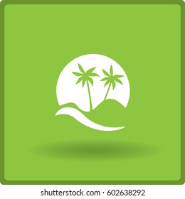 Flat icon. Palm trees in the background of a large sun. Holiday, vacation on the beach. Wave and palm.