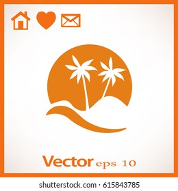 Ícone plano. Palmeiras no fundo de um grande sol. Férias, férias na praia. Onda e palma.