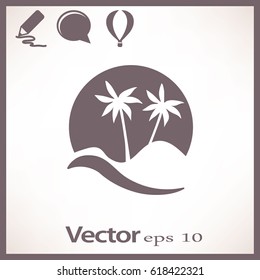 Flat icon. Palm trees in the background of a large sun. Holiday, vacation on the beach. Wave and palm.