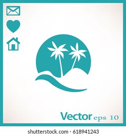 Flat icon. Palm trees in the background of a large sun. Holiday, vacation on the beach. Wave and palm.