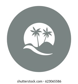 Flat icon. Palm trees in the background of a large sun. Holiday, vacation on the beach. Wave and palm.