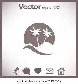 Flat icon. Palm trees in the background of a large sun. Holiday, vacation on the beach. Wave and palm.