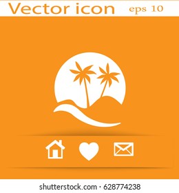 Flat icon. Palm trees in the background of a large sun. Holiday, vacation on the beach. Wave and palm.