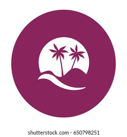 Flat icon. Palm trees in the background of a large sun. Holiday, vacation on the beach. Wave and palm.