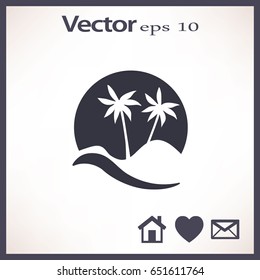 Flat icon. Palm trees in the background of a large sun. Holiday, vacation on the beach. Wave and palm.
