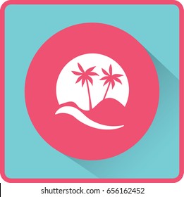 Flat icon. Palm trees in the background of a large sun. Holiday, vacation on the beach. Wave and palm.