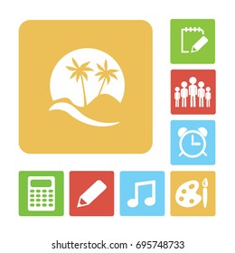 Flat icon. Palm trees in the background of a large sun. Holiday, vacation on the beach. Wave and palm.