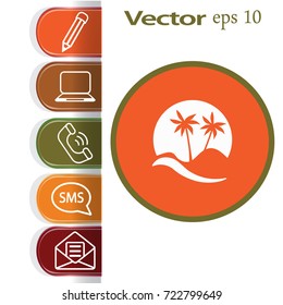 Flat icon. Palm trees in the background of a large sun. Holiday, vacation on the beach. Wave and palm.