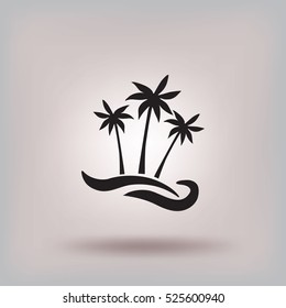 Flaches Symbol. Palmen am Strand. Wellen und Handflächen. Urlaub, Urlaub.
