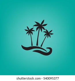 Flat icon. Palm trees on the beach. Waves and palms. Holiday, vacation.