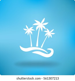  Flachsymbol. Palmen am Strand. Wellen und Handflächen. Urlaub, Urlaub.