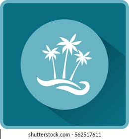 Flat icon. Palm trees on the beach. Waves and palms. Holiday, vacation.