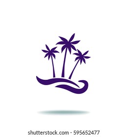 Flat icon. Palm trees on the beach. Waves and palms. Holiday, vacation.