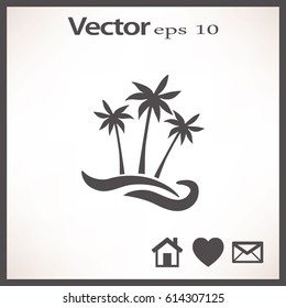 Flat icon. Palm trees on the beach. Waves and palms. Holiday, vacation.