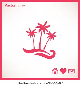 Flat icon. Palm trees on the beach. Waves and palms. Holiday and vacation.