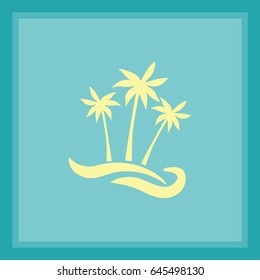 Flaches Symbol. Palmen am Strand. Wellen und Handflächen. Urlaub, Urlaub.