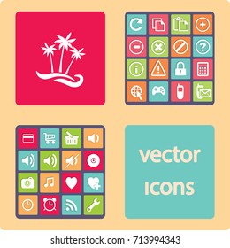 Flat icon. Palm trees on the beach. Waves and palms. Holiday, vacation.