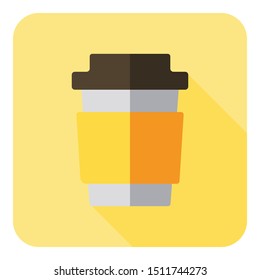 Flat icon with paper cup for coffee, cappuccino  or tea on autumn yellow background with shadow for websites or design