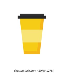 Flat icon with paper cup for coffee, cappuccino or tea in yellow color on white for websites or design