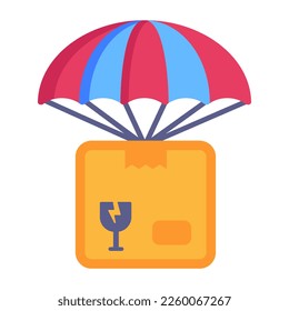 Un ícono plano de una entrega en paracaídas, paracaídas con paracaídas