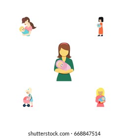 Flat Icon Parent Set Of Baby, Woman And Other Vector Objects. Also Includes Child, Woman, Perambulator Elements.