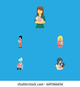 Flat Icon Parent Set Of Baby, Newborn Baby, Mother And Other Vector Objects. Also Includes Parent, Newborn, Kid Elements.