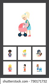 Flat Icon Parent Set Of Baby, Newborn Baby, Mother And Other Vector Objects. Also Includes Perambulator, Newborn, Baby Elements.