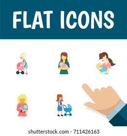 Flat Icon Parent Set Of Child, Kid, Perambulator And Other Vector Objects. Also Includes Mother, Nanny, Baby Elements.