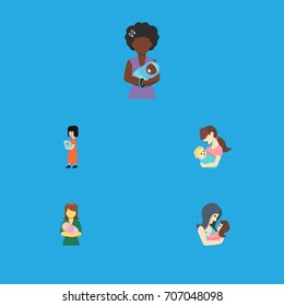 Flat Icon Parent Set Of Mam, Newborn Baby, Baby And Other Vector Objects. Also Includes Mam, Child, Woman Elements.
