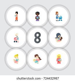 Flat Icon Parent Set Of Mam, Kid, Baby And Other Vector Objects. Also Includes Nanny, Mother, Baby Elements.